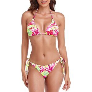 🆕Women Fuchsia Floral Polyester Cheeky Bikini Bottom Push Up Triangle Swimsuit